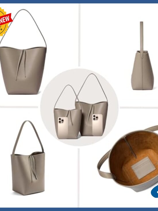 Genuine Leather Bucket Tote Bag with Credit Card Holder Wallet, Medium Size - Picture 6 of 7